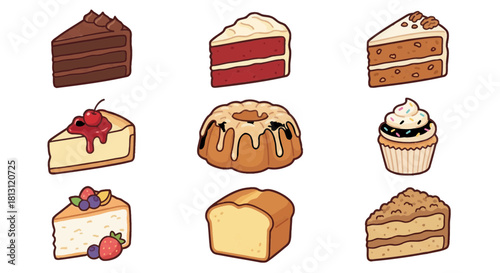 Assorted Cake Slices Icon Set: Cheesecake, Red Velvet, and Cupcake Illustrations