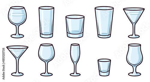 Empty Glassware Icon Collection: Martini, Wine, and Highball Glass Illustrations