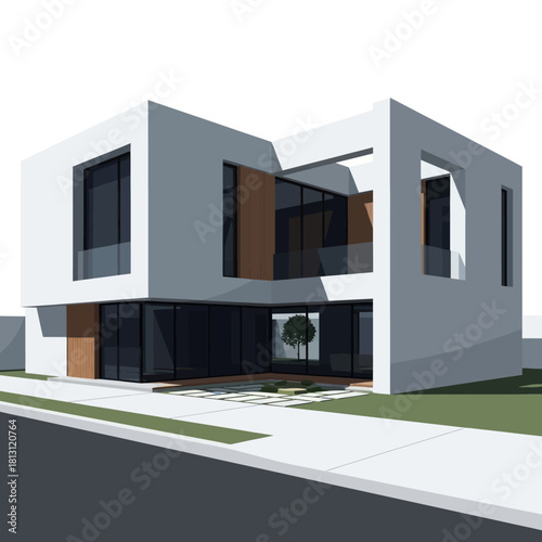 Architectural illustration of a modern white cubic house.