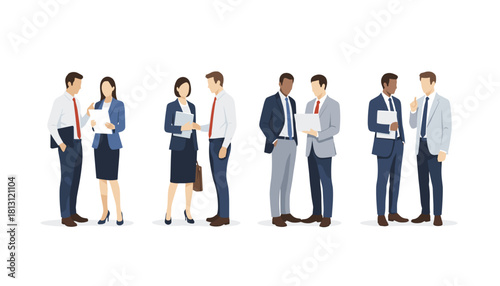 Group of diverse business people in formal attire standing and talking in small pairs