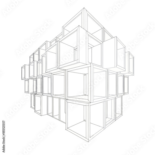 Architectural structure of interconnected boxes forming a complex geometric design.