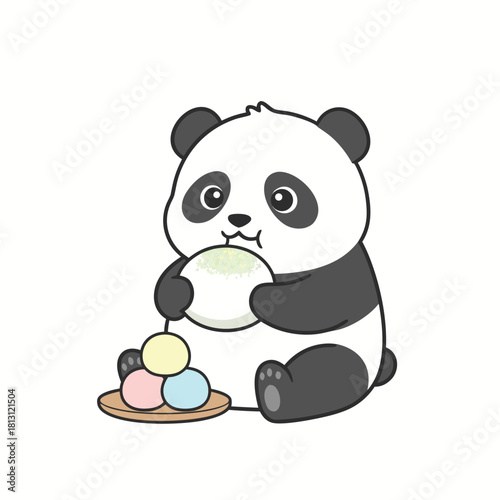 A cute cartoon panda sitting and happily eating a large green mochi, with colorful dango on a plate beside it.