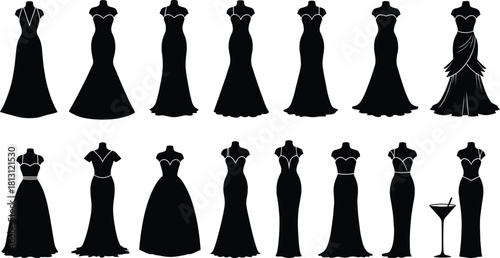 Elegant evening gown silhouettes, fashion design collection, formal wear variety, stylish dresses, necklines, sleeves, skirt shapes, black silhouettes, martini glass
