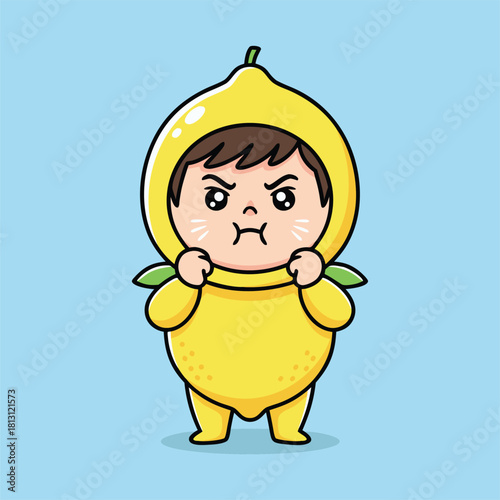 Cute cartoon child in a lemon costume with a grumpy expression on a blue background.