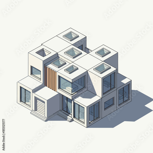 Modern Modular Cube House Design with Skylights and Large Windows.
