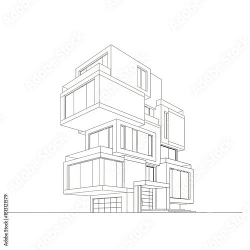 Architectural line drawing of a modern modular building concept.