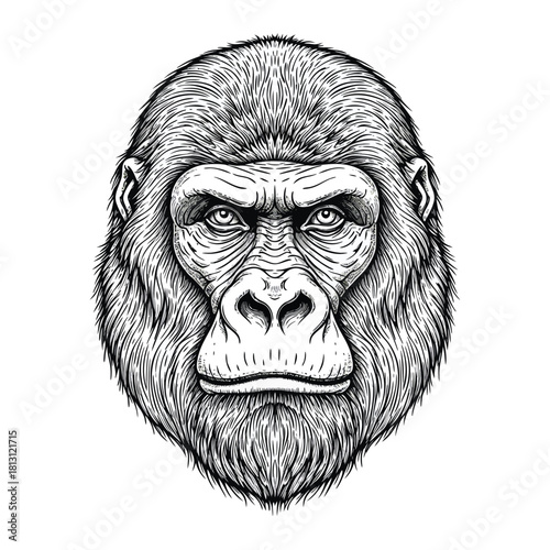 Detailed black and white illustration of a gorilla's head, featuring intricate fur textures and a powerful, direct gaze.