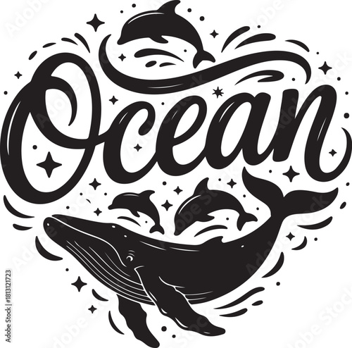 Ocean word art with whale and dolphins
