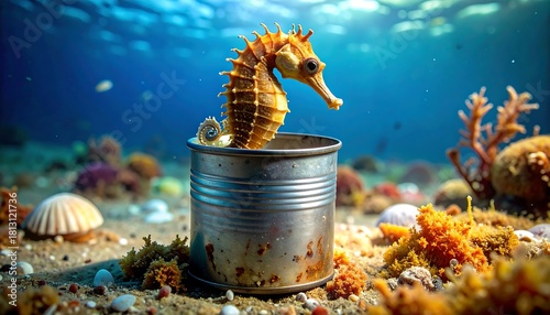 Seahorse emerges from a metal can on the seabed amidst coral and shells.