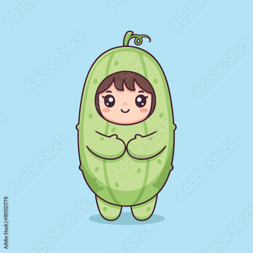 A cute cartoon character dressed in a green cucumber or pickle costume with a light blue background.