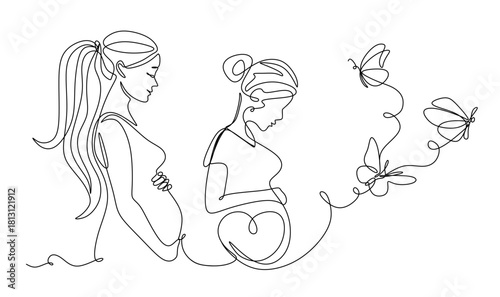 Continuous line drawing of a pregnant woman with butterfly. One line drawing of a pregnant woman. Pregnant belly with heart and butterfly. 