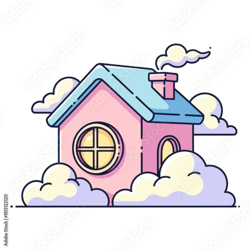 Cute cartoon house floating among fluffy clouds in a whimsical sky.
