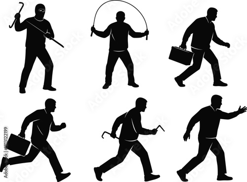 Vector Silhouettes of Intruders and Thieves Posing with Burglary Tools like Crowbars and Ropes, Featuring Running and Carrying a Briefcase, Isolated