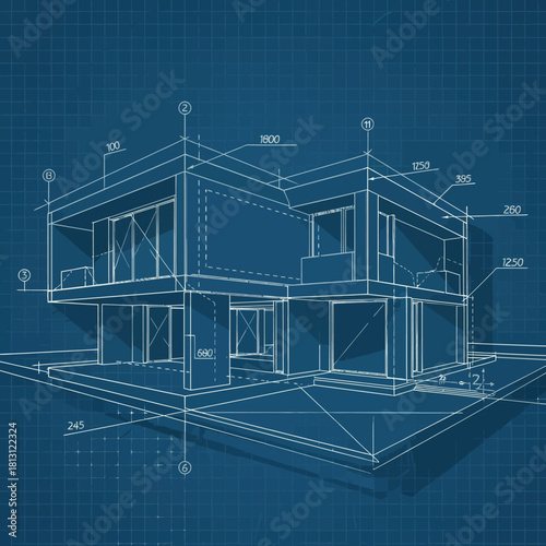 Architectural blueprint of a modern house design with detailed dimensions.