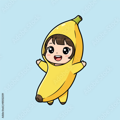 Cute cartoon child character dressed in a yellow banana costume, smiling happily on a light blue background.