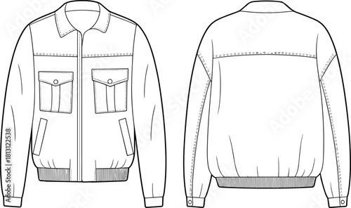 Men's casual blouson jacket technical flat sketch featuring flap pockets, zipper closure and ribbed waistband, vector illustration.
