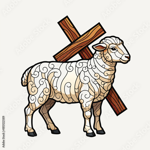 A stylized lamb with intricate patterns carrying a wooden cross, symbolizing religious themes.