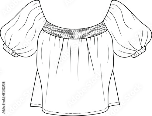 Stylish off shoulder puff sleeve women’s top with elastic neckline and gathered details, fashion flat sketch, cad drawing flat vector illustration