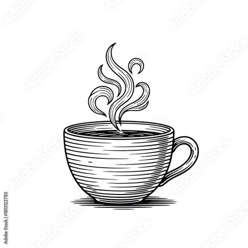 Detailed black and white engraving style illustration of a steaming hot cup of coffee or tea, with elegant swirling steam rising from the beverage.