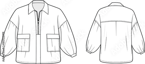 Loose-fit utility jacket with half zipper front, large flap pockets, relaxed sleeves, back yoke detail, cad drawing flat vector illustration
