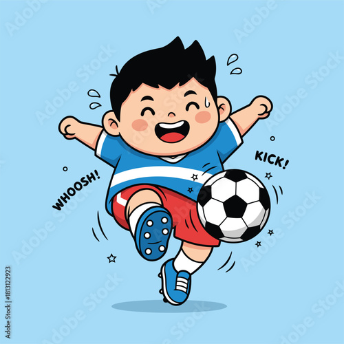 A happy cartoon boy in a blue shirt and red shorts enthusiastically kicks a soccer ball, with "WHOOSH!" and "KICK!" sound effects.