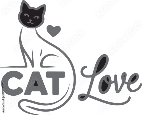 Cat love graphic with stylized feline and heart