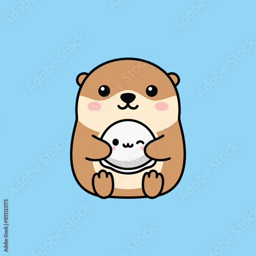 A cute cartoon otter with pink cheeks holding a white shell with a happy face on a light blue background.