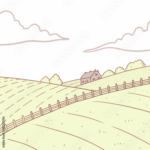 A charming farmhouse nestled in rolling green hills under a cloudy sky