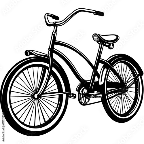 Black and white drawing of a classic cruiser bicycle isolated on