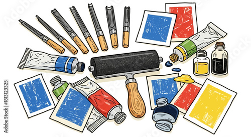 artistic linocut and block printing supplies carving tools ink brayer and finished prints arranged for creative projects.