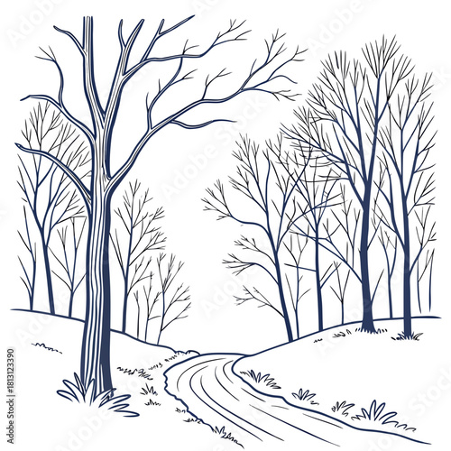 Black and white line drawing of a winding path through bare winter trees