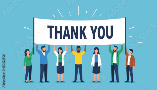 Vector Thank You Banner Team - A diverse group holding a gratitude sign.