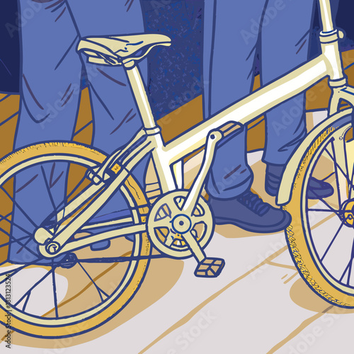 Closeup illustration of a lightcolored bicycle frame and wheels next to legs