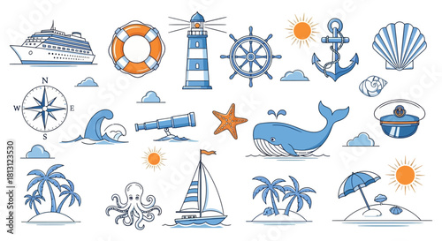 nautical and summer vacation vector icons ship lighthouse anchor whale palm trees compass for travel designs.