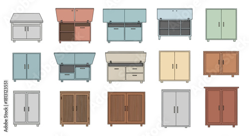 stylized furniture cabinet collection vector art showing diverse modern storage solutions in various open and closed configurations for interior design and home decor