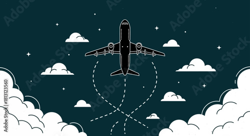 top view airplane soaring over a star-filled night sky with white clouds depicting international travel global journey and aviation