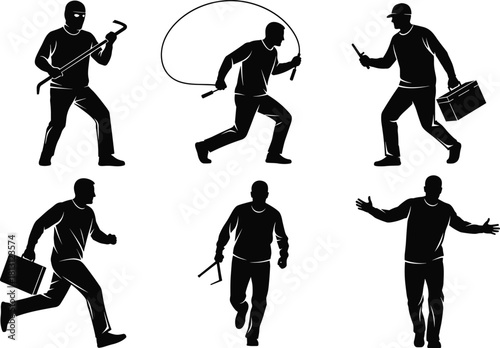 Set of Burglary and Crime Silhouettes Showing Men Running, Carrying Tools, Holding a Rope, and Suspiciously Posing in Dynamic Vector Illustrations