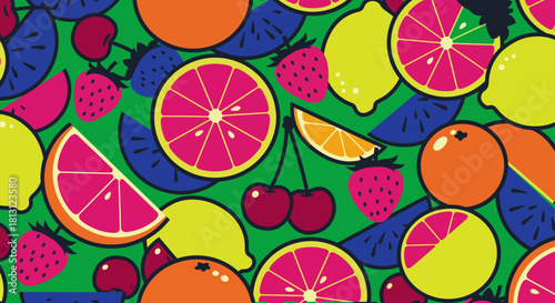 vibrant graphic fruit pattern with colorful citrus berries watermelon on green background perfect for summer healthy food modern design.