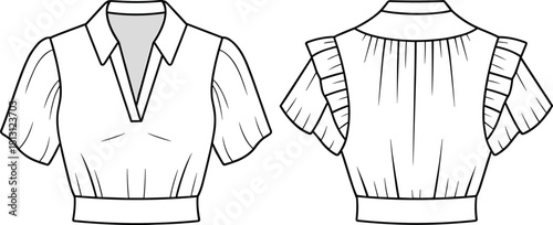 Women’s short sleeve blouse technical fashion flat with collar, pleated ruffle sleeves, fitted waistband, detailed garment construction drawing vector