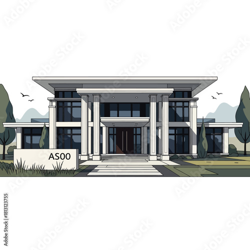 Modern architectural building with classical columns vector illustration.