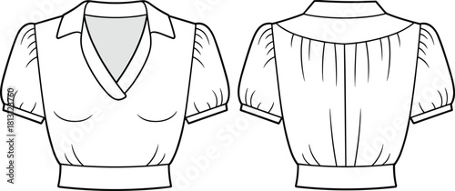Women's puff sleeve blouse CAD drawing with collar and waistband, detailed fashion flat vector illustration for apparel design templates