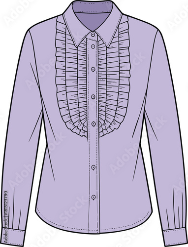 Elegant women’s long sleeve blouse with ruffle front placket, classic collar, button down design, detailed technical fashion flat vector illustration