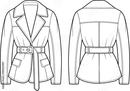 Women’s belted blazer jacket front and back technical fashion sketch with detailed stitching pockets tailoring design, cad drawing flat vector illustration