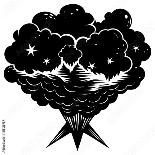 Stylized black and white graphic of a massive, starfilled explosion cloud