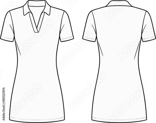 Women's polo dress CAD template, short sleeve V-neck placket design, technical flat sketch for apparel fashion illustration, vector outline drawing – cad drawing flat vector illustration
