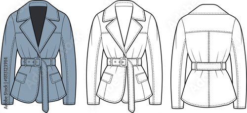Women’s belted blazer jacket flat sketch, tailored outerwear fashion CAD, technical drawing illustration with pockets, belt, lapels, seams, vector design