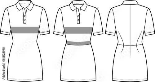 Women’s polo dress technical fashion flat sketch with contrast stripe panel, short sleeves, collar placket design details, CAD drawing illustration