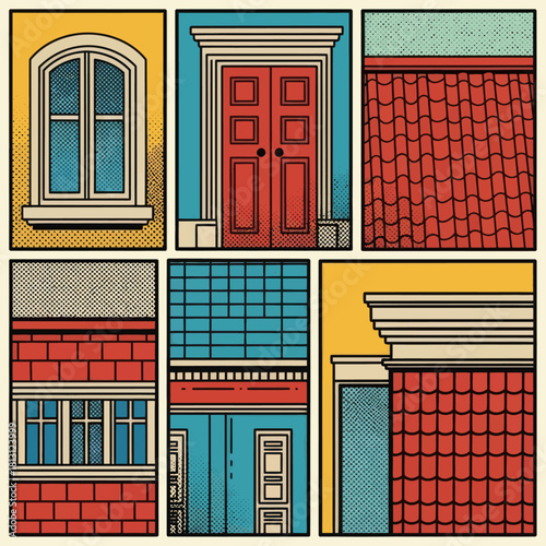 Colorful Architectural Elements in a Graphic Novel Style Collage.