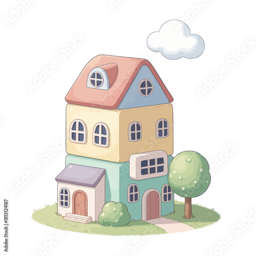 Charming Cartoon Stacked Toy House with Tree and Cloud.