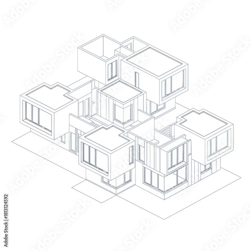 Isometric line drawing of a modern modular house design.